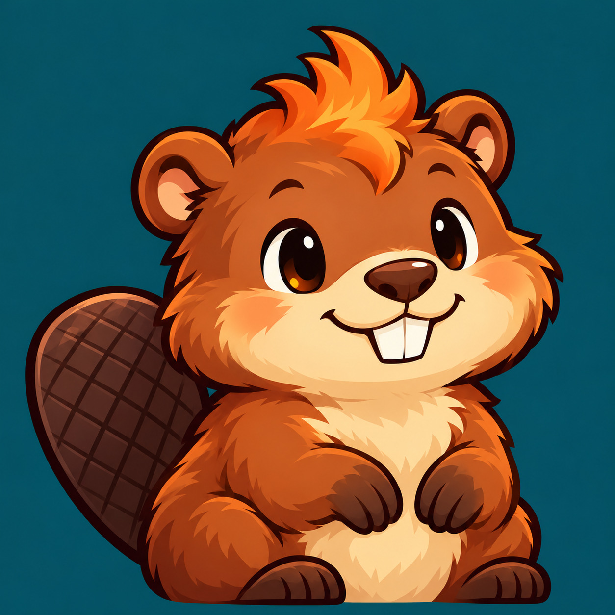 Quine, a cheerful beaver with a flame-shaped orange tuft of hair